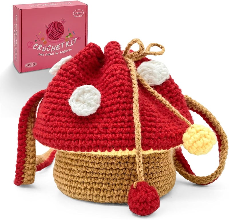 SGIBYN Crochet Kit for Beginners with Step-by-Step Video Tutorials,Cute Mushroom Crossbody Purse Bag Starter Crochet Kit for Women Knitting Kits Learn to Crochet Set (Mushroom Bag) - Image 1